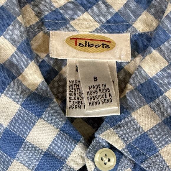 Vintage Talbots Linen Gingham Check Button Short Sleeve Blouse Top Blue Wms 8 - Picture 6 of 9